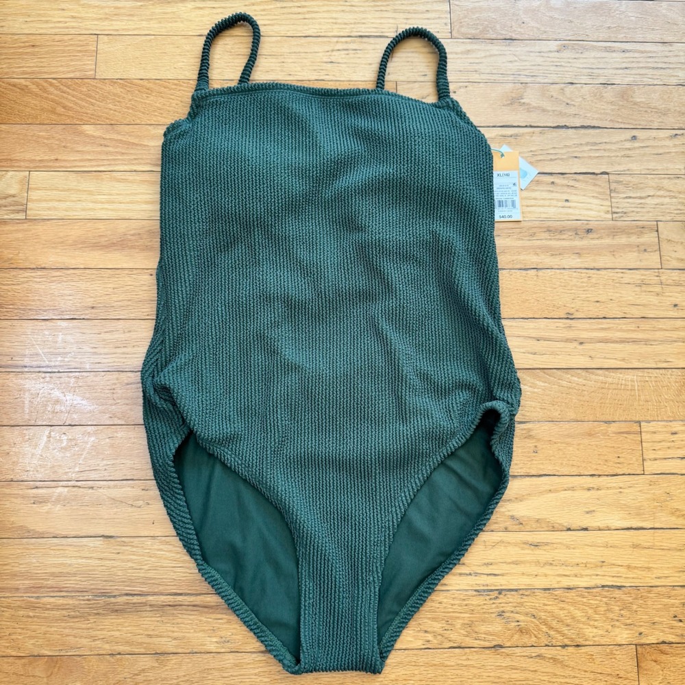 Kona Sol Green Textured Square Neck One Piece Swimsuit XL 16 NWT